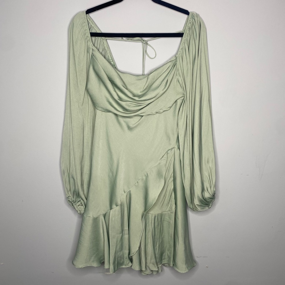 Selfie Leslie Sage Green Ruched Cowl Neck Ruffle Mini Dress size XL